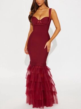Fashion Nova Burgundy Mermaid Tulle-Hem Maxi Dress